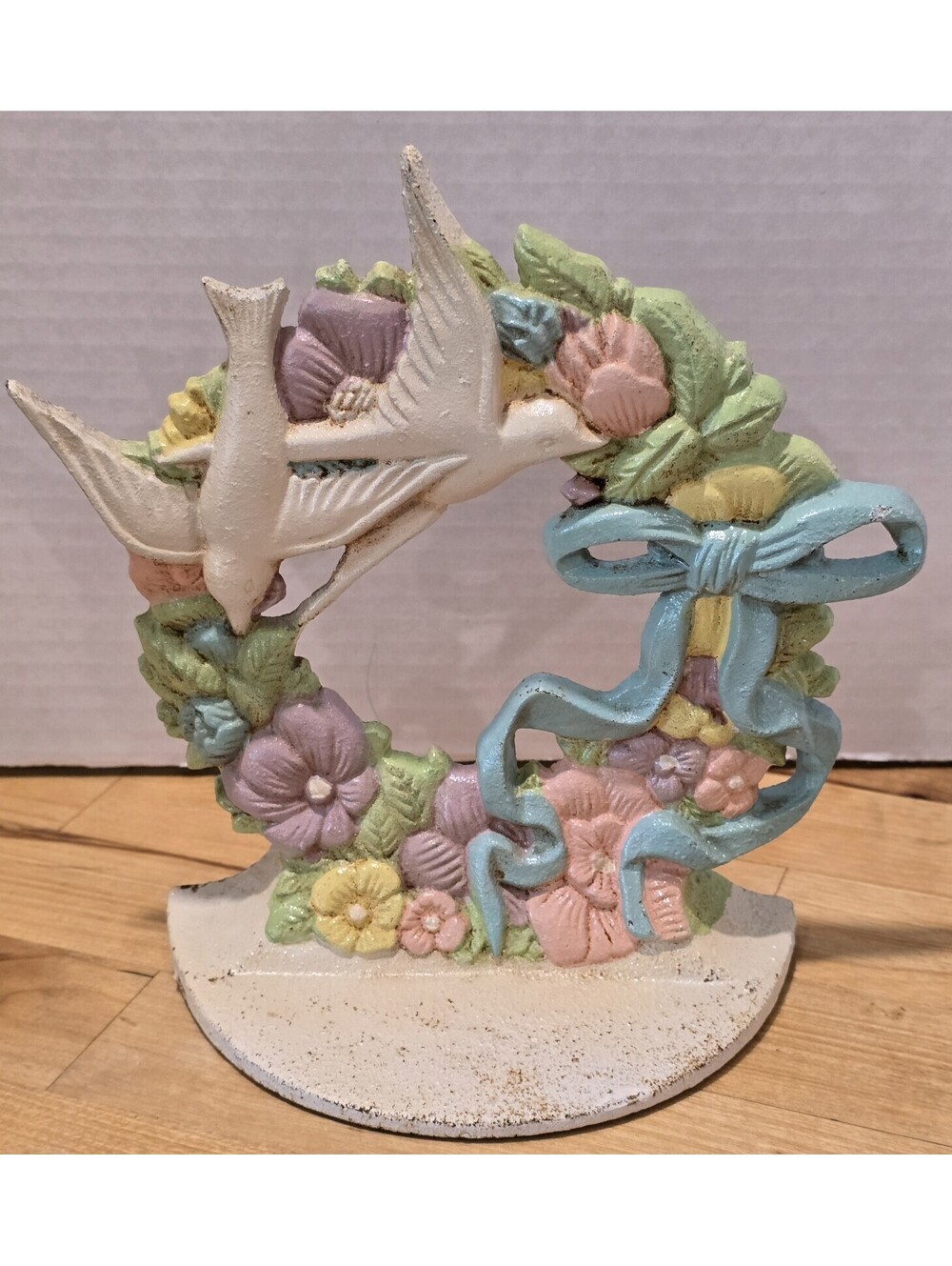 Vtg Door Stop Floral Wreath Birds Bows Cast Iron  Cottagecore Grannycore Farmhou